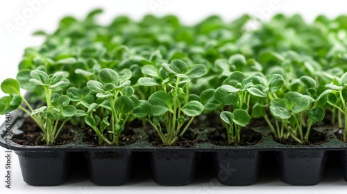 Young Plant Sprouting in a Plastic Tray on Clean White Background, Symbolizing Growth, Sustainability, and Urban Gardening