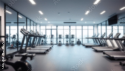 blurred gym background, sports fitness room with treadmills and exercise equipment in defocus, and text copy space