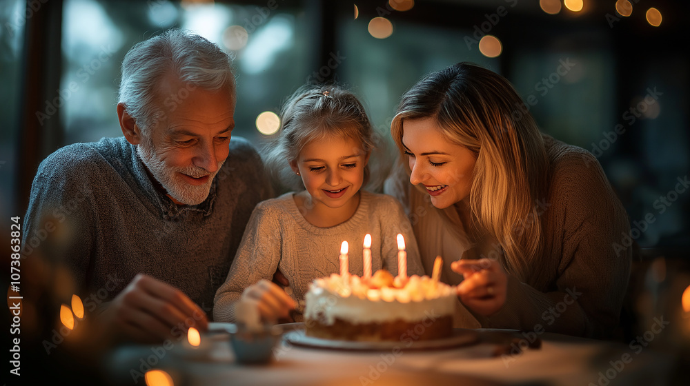 A family celebrates a birthday celebration in a low-lit place in a low key cake celebration A family celebrates a birthday celebration in a low-lit place in a low key cake celebration