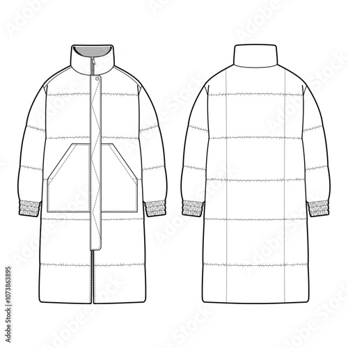 Long Puffer Coat with Front and Back View Technical Flat for Winter Wear

