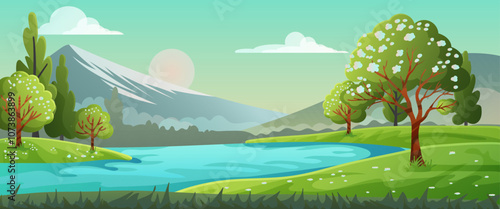 A serene landscape featuring trees and a river, in a vibrant graphic style. Vector illustration