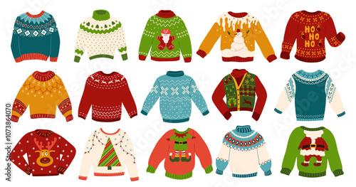 Collection ugly sweaters vector illustrations isolated. Cute wool pullovers with norwegian ornaments and traditional holidays print for comfort and Christmas party. Set of knitted winter jumpers