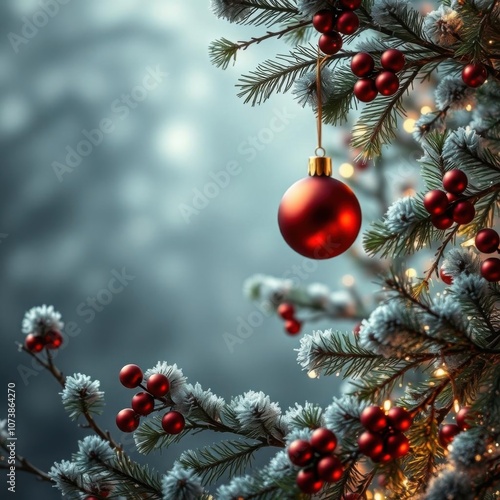 Christmas background with branches and christmas decorationsgenerative ai frame christmas isolated photo