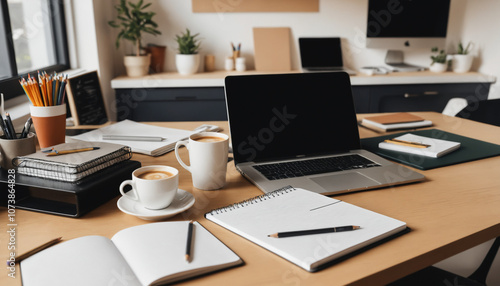 Creative Workspace with Coffee Cup, Notebook, and Inspiring Desk Setup for Productivity