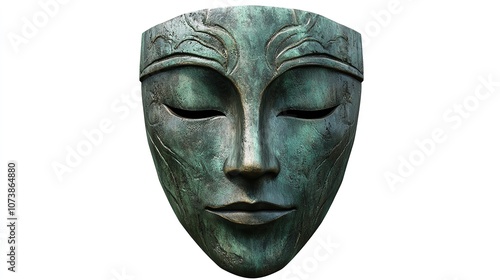 Ancient Scandinavian Handcrafted Green Wooden Mask Isolated on White Background photo