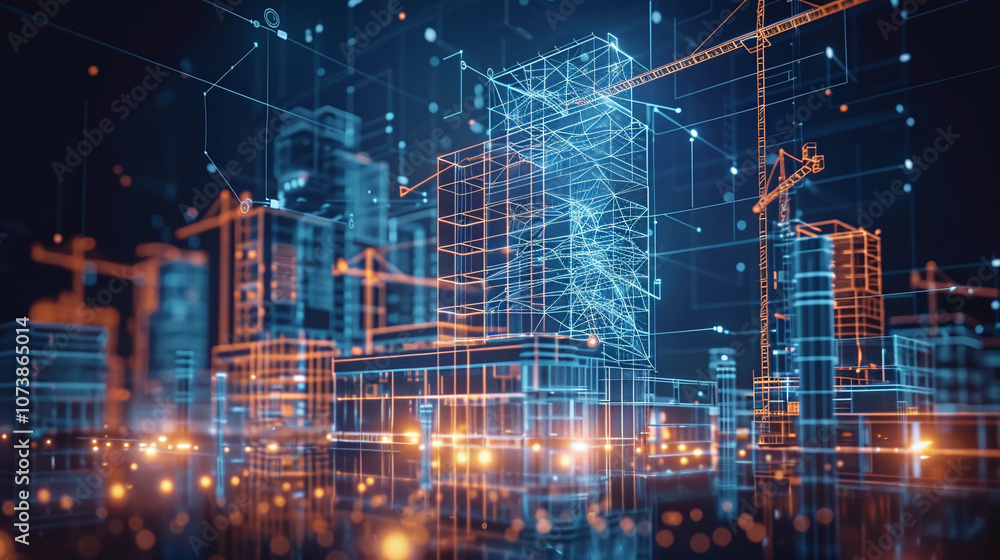 A Digital Rendering of a Futuristic City Skyline Featuring Construction Cranes and Illuminated Architectural Structures at Night A Digital Rendering of a Futuristic City Skyline Featuring Construction Cranes and Illuminated Architectural Structures at Night