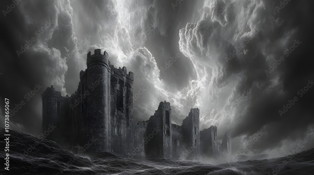 The Castle of Isolation: A Grand Fortress Surrounded by Dark Clouds Representing Psychological Barriers
