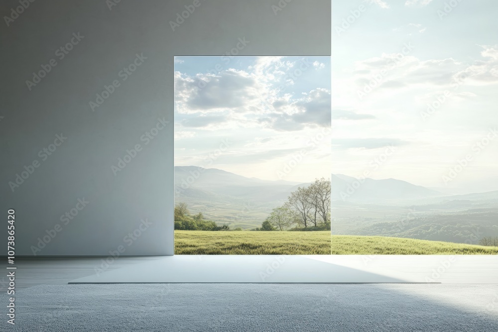 Fototapeta premium Bright sunlight filters through a window, showcasing a tranquil natural landscape filled with rolling hills and delicate trees. Generative AI