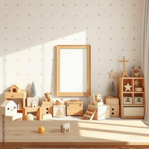 Cozy nursery interior, soft natural lighting, wooden toys, minimalist Scandinavian style, white brick wall, shadow play, neutral tones, wooden picture frame, small wooden house, wooden blocks, geometr photo