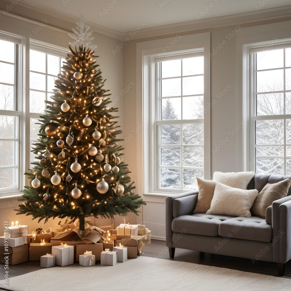 Elegant Christmas Tree by Window in Modern Cozy Living Room Elegant Christmas Tree by Window in Modern Cozy Living Room