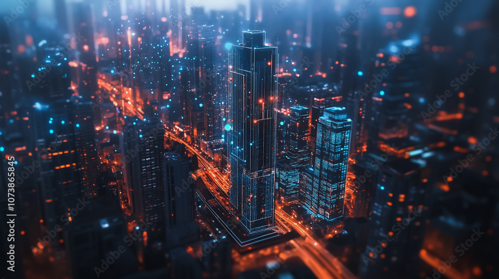 Obraz premium Smart digital Innovation city Business skyscrapers in the Financial District with connection network reciprocity over the cityscape. of future smart wireless digital city and social media networking