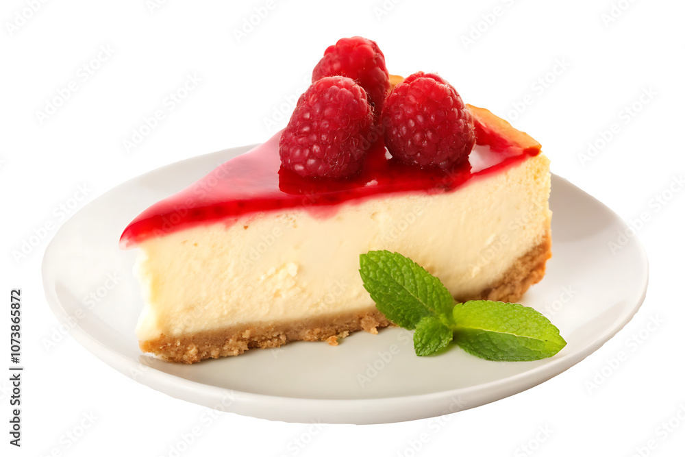 Piece of cheesecake with raspberries on the plate isolated on white background.AI GENERATED Piece of cheesecake with raspberries on the plate isolated on white background.AI GENERATED