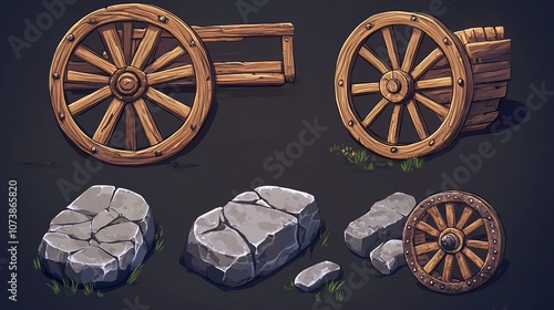  Ancient Wheel, Wooden Wheelbarrow, Rusty Wagon, and Old Stone photo