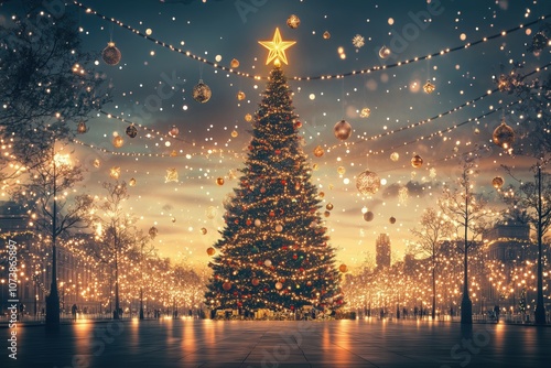 Festive Christmas Tree in City Center with Golden Star