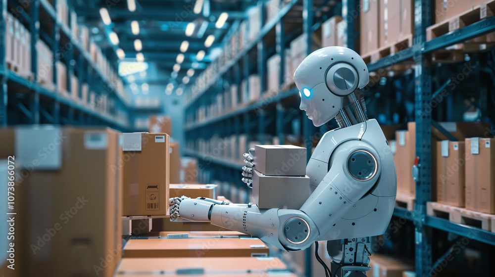A Humanoid Robot Efficiently Organizes Packages in a Modern Warehouse, Showcasing the Integration of Technology in Logistics During Daylight Hours A Humanoid Robot Efficiently Organizes Packages in a Modern Warehouse, Showcasing the Integration of Technology in Logistics During Daylight Hours