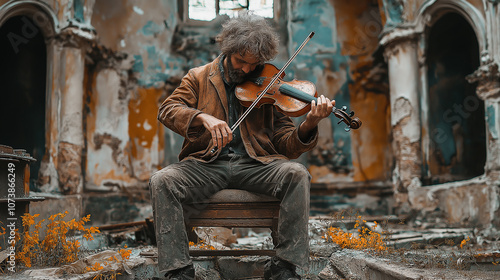 violinist is playing in the ruins of a church, war bombs are around, fragments are broken, and a man with a strong spirit is freedom and peace