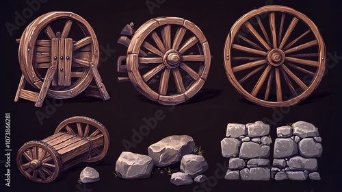  Ancient Wheel, Wooden Wheelbarrow, Rusty Wagon, and Old Stone photo