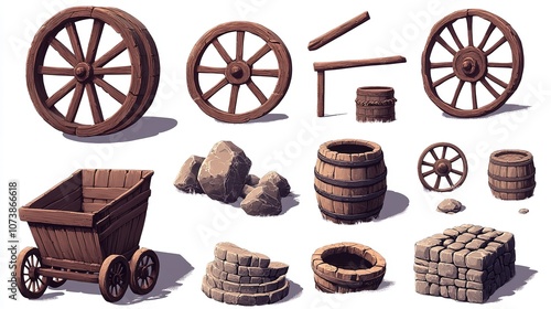  Ancient Wheel, Wooden Wheelbarrow, Rusty Wagon, and Old Stone photo