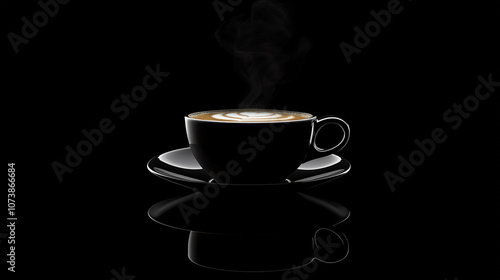 Coffee cup with steam rising. Black background. Elegant, minimalist  scene.