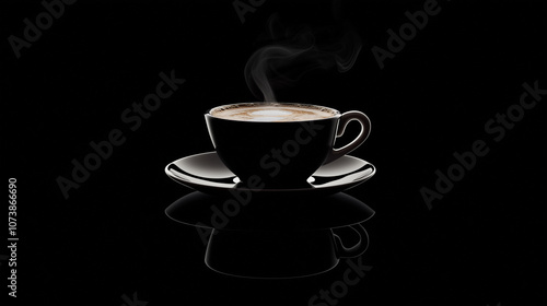 Coffee cup with steam rising. Black background. Elegant, minimalist  scene.
