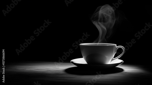 Coffee cup with steam rising. Black background. Elegant, minimalist  scene.