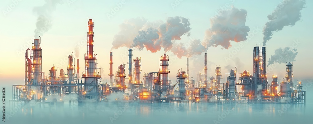 Air pollution iconography depicting industrial fumes and atmospheric haze ,copy space, industrial theme, whimsical, Composite, refinery backdrop Air pollution iconography depicting industrial fumes and atmospheric haze ,copy space, industrial theme, whimsical, Composite, refinery backdrop