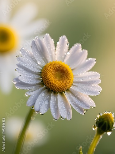 Chamomile with morning dew macro. Beautiful flower close-up.