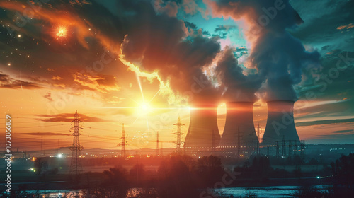 A Dramatic Sunset Illuminates Cooling Towers as Smoke Billows Against a Colorful Sky in an Industrial Landscape During Evening Hours