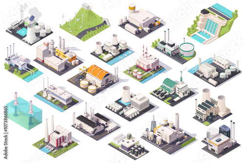 A collection of isometric factory buildings and industrial facilities. Vector illustration
