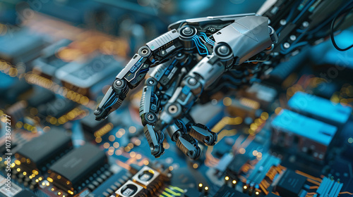 A Robotic Hand Extends Toward a Circuit Board, Showcasing Advanced Technology and Intricate Engineering in a Modern Electronics Lab