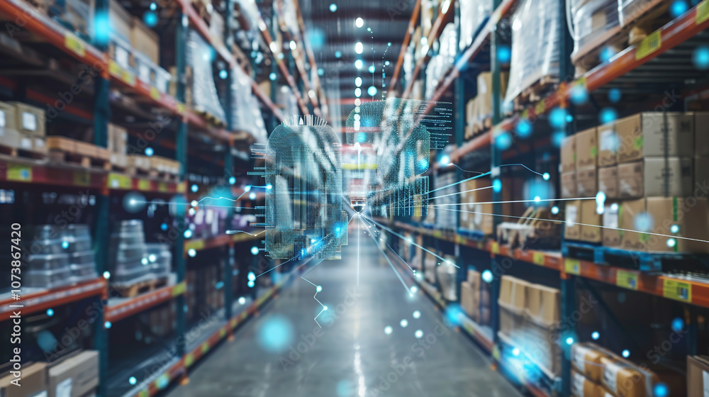 A Modern Warehouse Showcasing Advanced Technology With Digital Overlays Highlighting Inventory Management and Logistics Processes During Daytime Operations A Modern Warehouse Showcasing Advanced Technology With Digital Overlays Highlighting Inventory Management and Logistics Processes During Daytime Operations