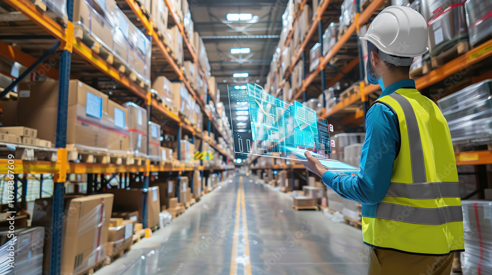 A Worker in a Safety Helmet Uses Advanced Technology to Manage Inventory in a Modern Warehouse Filled With Stacked Boxes and Organized Shelving During Daylight Hours A Worker in a Safety Helmet Uses Advanced Technology to Manage Inventory in a Modern Warehouse Filled With Stacked Boxes and Organized Shelving During Daylight Hours