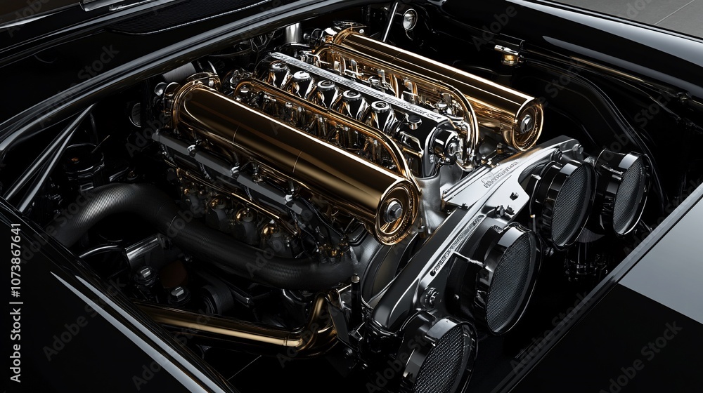 Close-up of a powerful V8 engine with gold-plated components. Close-up of a powerful V8 engine with gold-plated components.