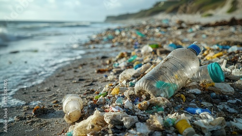 Plastic pollution symbols emphasizing the accumulation of waste on beaches ,selective focus, environmental theme, realistic, Fusion, littered beach backdrop photo