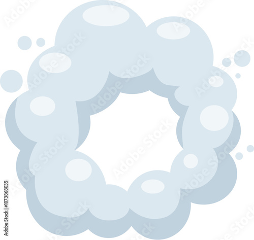 Cartoon illustration of round frame created by light blue smoke puffs floating on white background, creating a dreamy and ethereal atmosphere