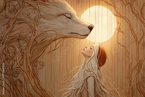 A modern twist on Little Red Riding Hood with a girl and a wolf facing each other in a mystical setting