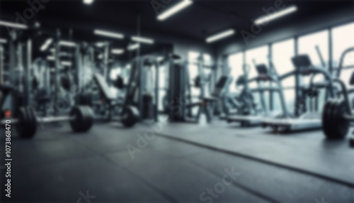 blurred gym background, sports fitness room with treadmills and exercise equipment in defocus, and text copy space