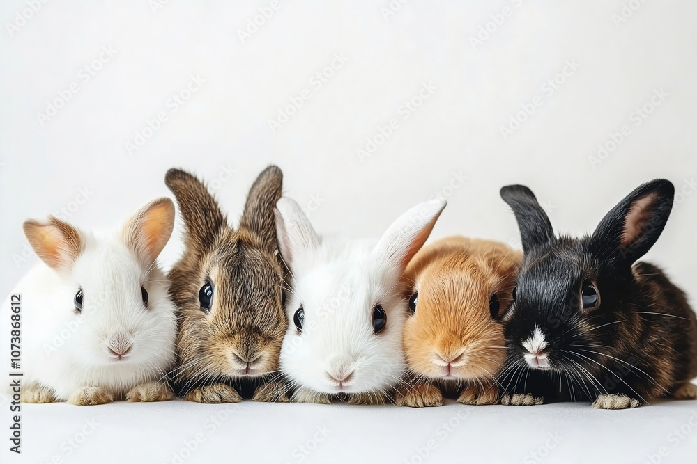 Fototapeta premium Five adorable rabbits of various colors lined up against a plain background, showcasing their unique features and expressions. Generative AI