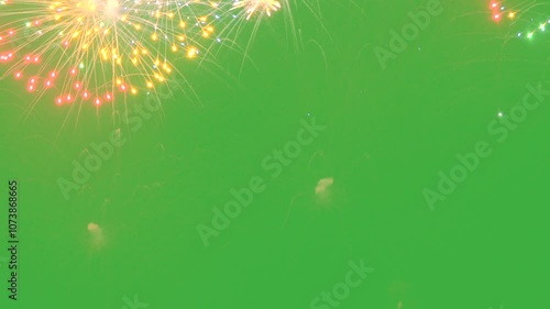 Abstract Firework on green Screen chroma key background, 4th of July independence day, New Year eve, Christmas 2025, Diwali Holiday concept. High quality 4k chromakey Cinematic Slow Motion video