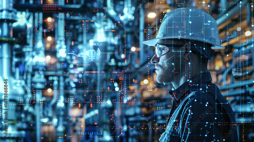 A Worker in a Hard Hat Analyzes Data in a High-Tech Industrial Environment Filled With Pipes and Machinery During Nighttime Operations A Worker in a Hard Hat Analyzes Data in a High-Tech Industrial Environment Filled With Pipes and Machinery During Nighttime Operations