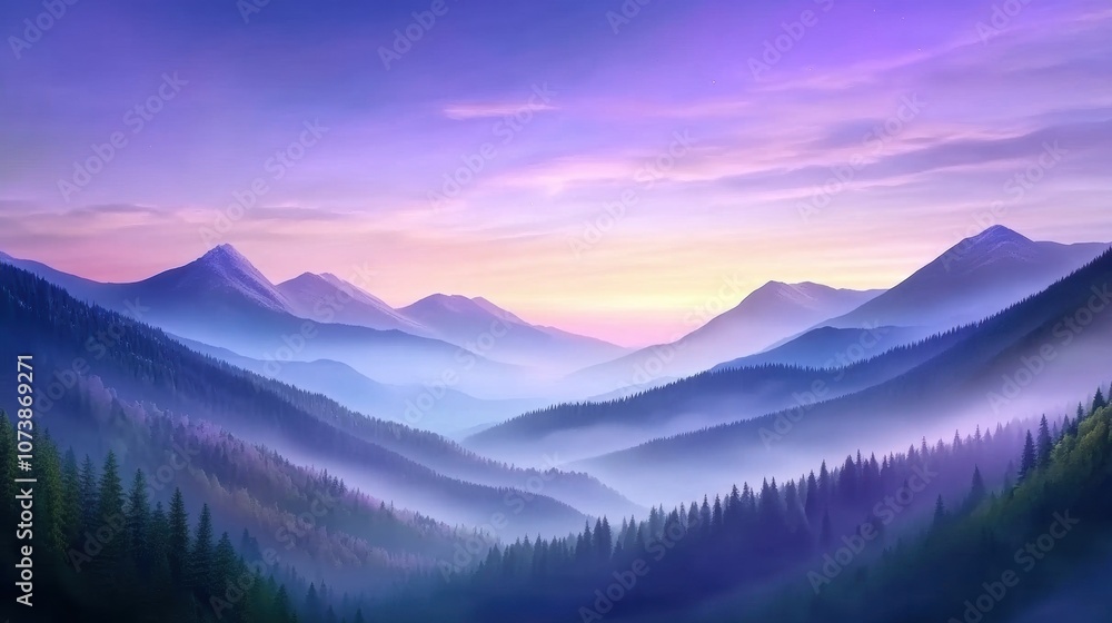 Majestic mountain landscape at dawn with layers of mist and vibrant sky, AI Majestic mountain landscape at dawn with layers of mist and vibrant sky, AI