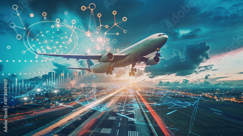 Obraz na płótnie An Airplane Takes off From a Busy Airport Runway at Sunset, Illustrating the Intersection of Aviation Technology and Modern Connectivity w salonie