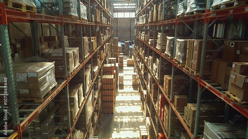 View of a Busy Warehouse Interior Filled With Stacked Cardboard Boxes and Pallets During Daylight Hours, Showcasing Organized Storage and Efficient Inventory Management Practices View of a Busy Warehouse Interior Filled With Stacked Cardboard Boxes and Pallets During Daylight Hours, Showcasing Organized Storage and Efficient Inventory Management Practices