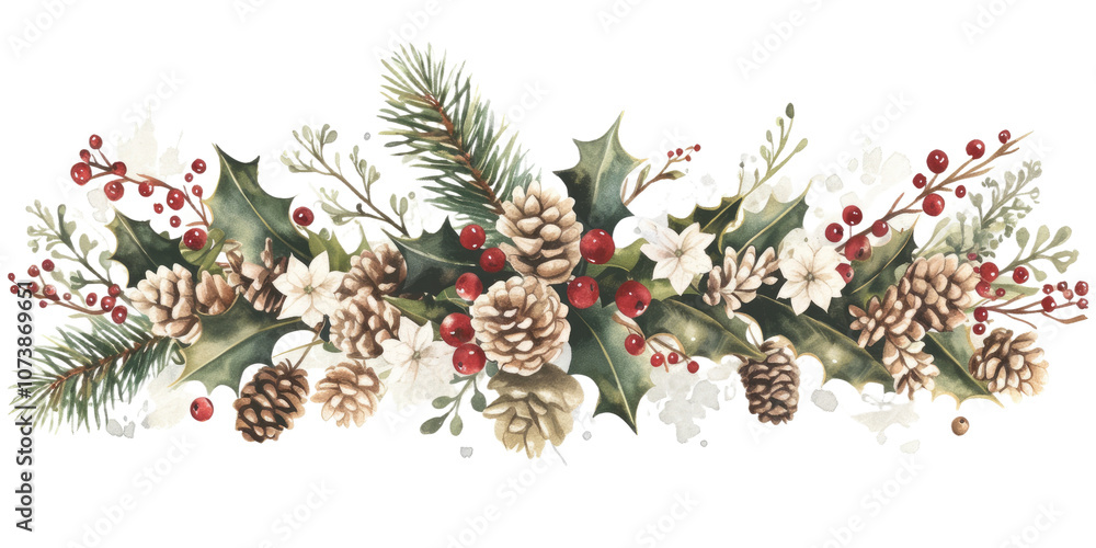 Obraz premium A Christmas border showcasing holly leaves, pine cones, and bright red berries, ideal for creating holiday cards, seasonal posters, digital invitations, or festive social media graphics