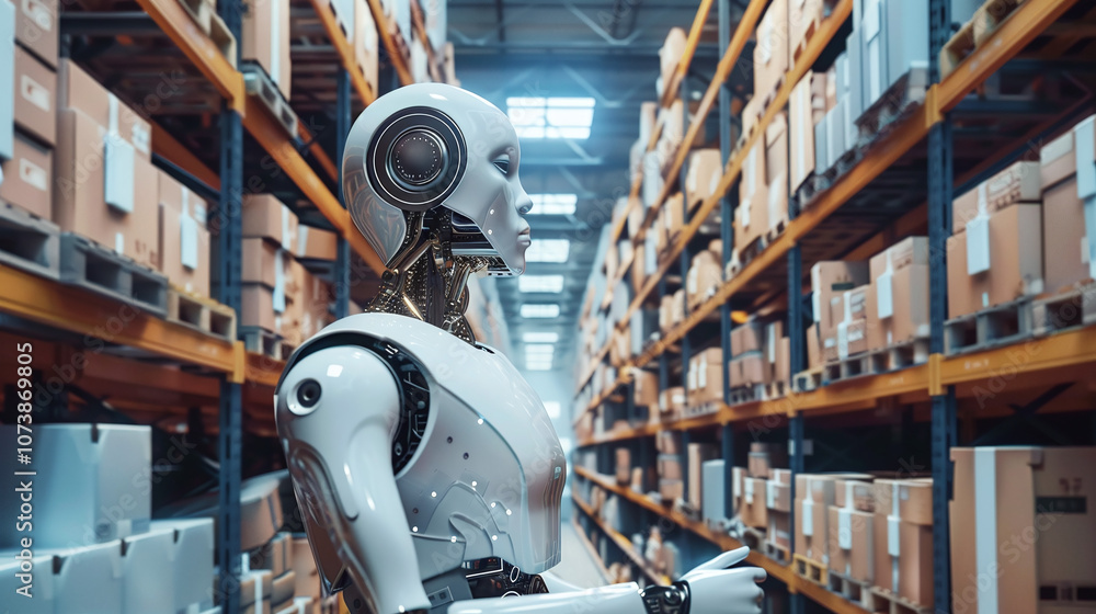 A Humanoid Robot Assists in Organizing Packages Within a Modern Warehouse Environment During Daylight Hours A Humanoid Robot Assists in Organizing Packages Within a Modern Warehouse Environment During Daylight Hours