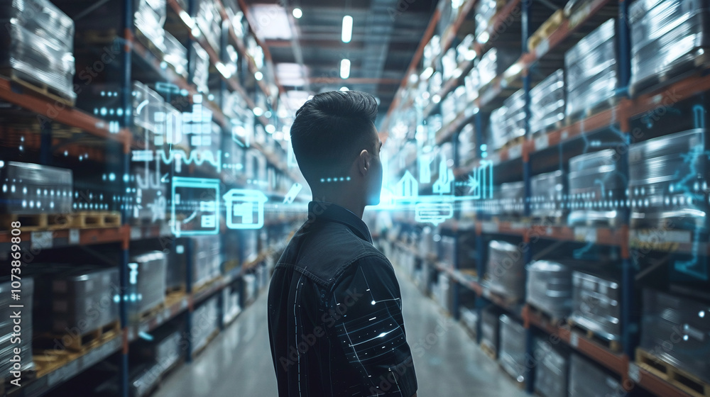A Person Stands in a Modern Warehouse, Surrounded by Shelves Stacked With Boxes and Using Augmented Reality Technology to Analyze Inventory Data A Person Stands in a Modern Warehouse, Surrounded by Shelves Stacked With Boxes and Using Augmented Reality Technology to Analyze Inventory Data