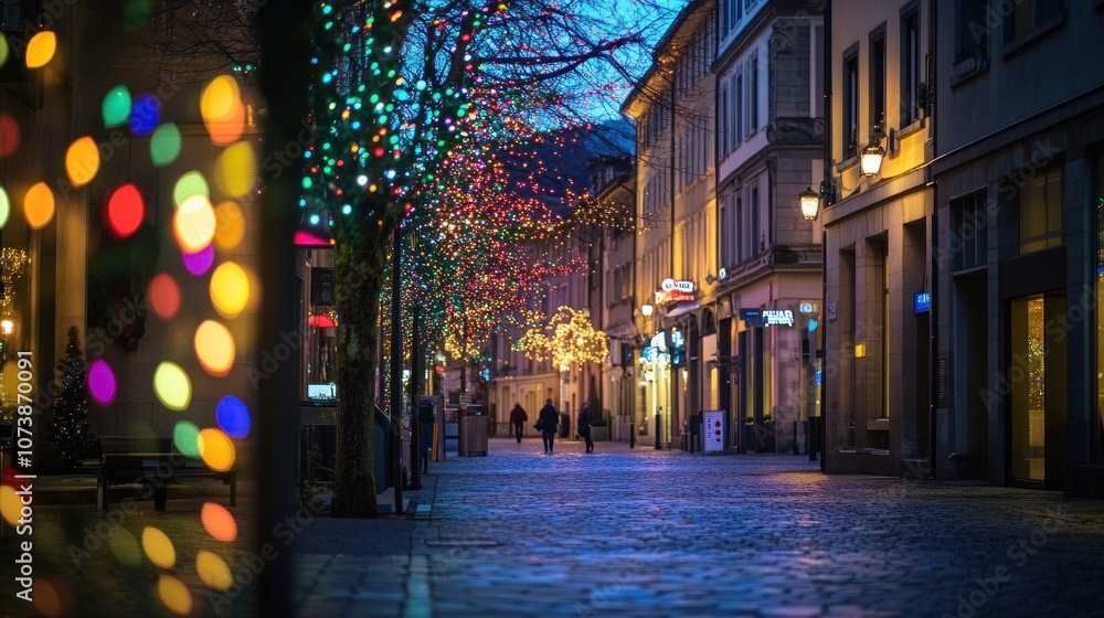 Fototapeta premium A serene street illuminated with colorful lights during twilight, creating a festive atmosphere.
