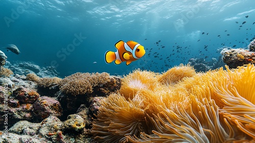 A single clownfish swims over a colorful coral reef. photo