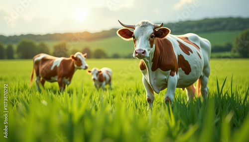 Cows Grazing in a Lush Meadow photo