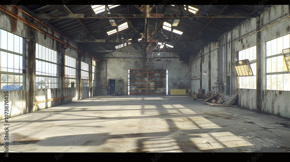 An Expansive Industrial Warehouse With Sunlight Streaming Through Large Windows Features an Open, Empty Space and Weathered Walls, Located in an Urban Area During Daylight Hours An Expansive Industrial Warehouse With Sunlight Streaming Through Large Windows Features an Open, Empty Space and Weathered Walls, Located in an Urban Area During Daylight Hours